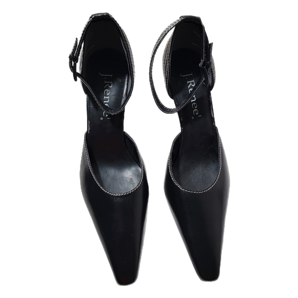 J. Renee Black White Stitching Ankle Strap Pumps Women's Size US 9 M Witch Toe - Picture 2 of 8